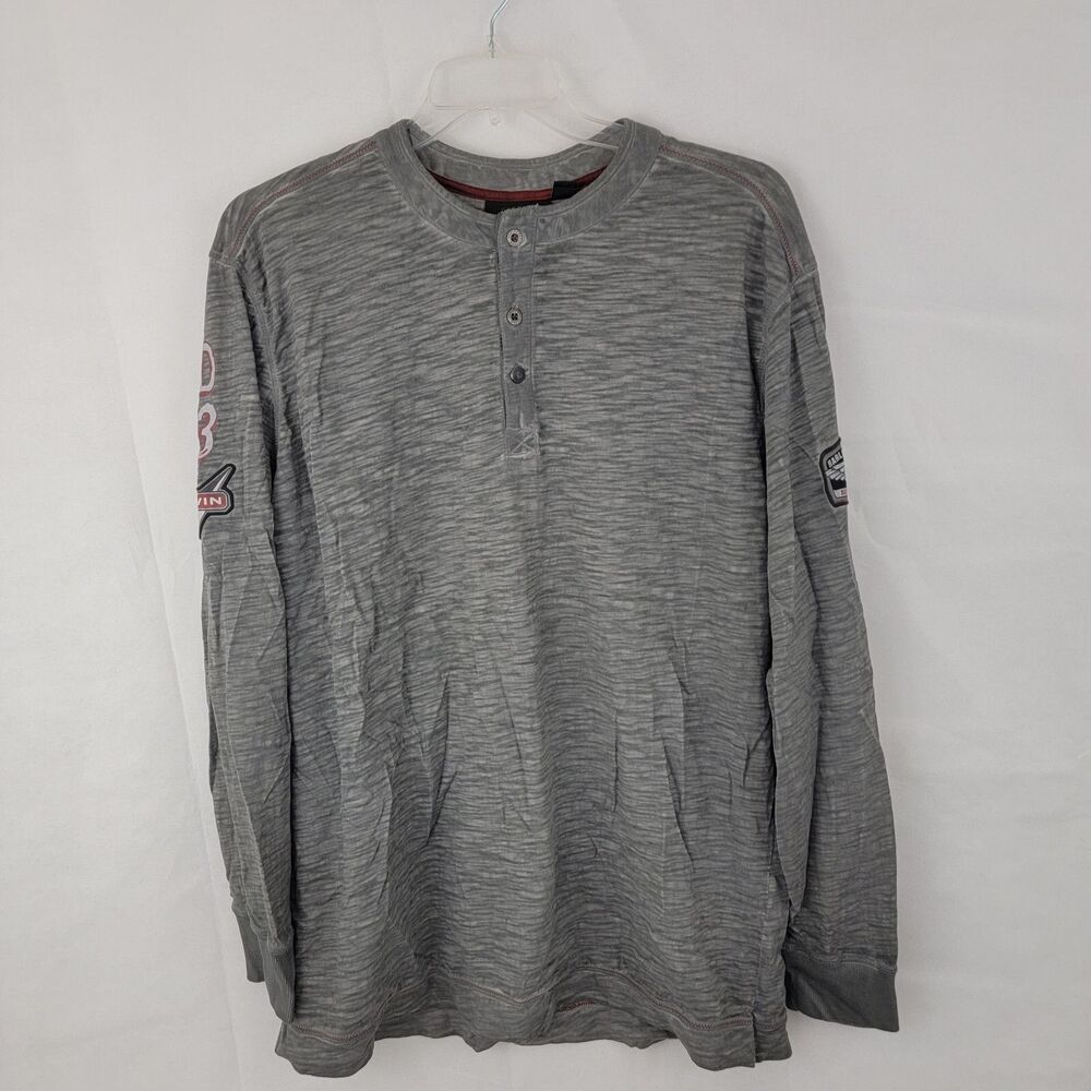 HARLEY DAVIDSON Mens Henley Shirt Sz 2XL Patches Spell Out GRAY Grunge Biker